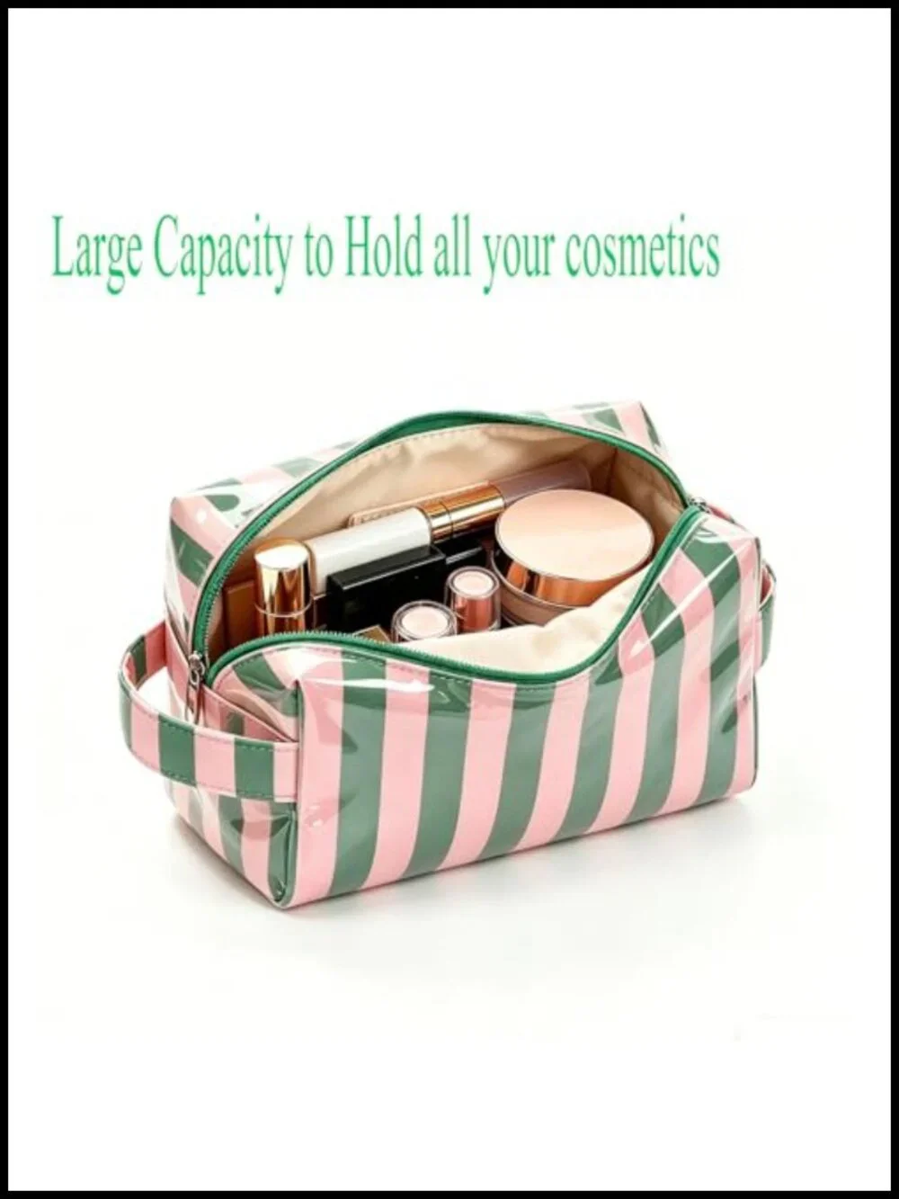 Waterproof PVC Stripe Makeup Bag with Handle Strap Large Capacity Travel